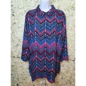 Bon Worth Retro  Womens XL  Button Up Collar 3/4 Sleeve Blouse Multicolor